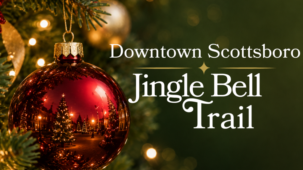 Christmas trees and holiday decorations along the Downtown Scottsboro Jingle Bell Trail during the Christmas season.